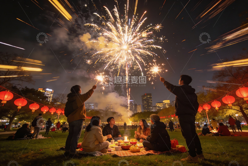 高清大图下载【趣麦麦图】-夜公园烟花晚会众人欢聚