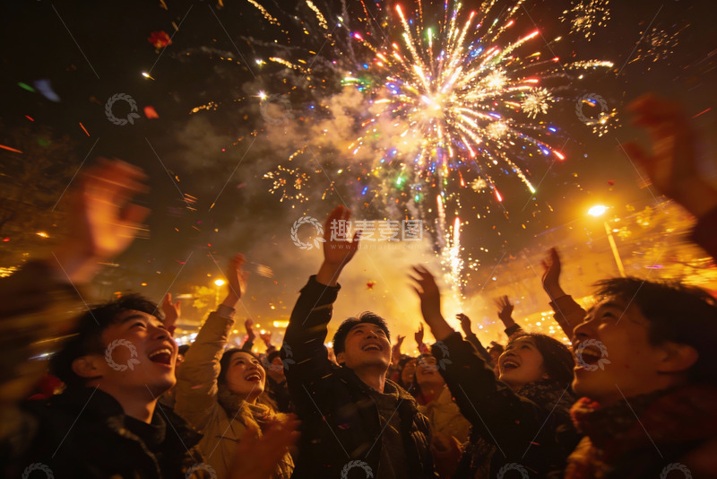 高清大图下载【趣麦麦图】夜空中绽放烟花人群欢呼庆祝