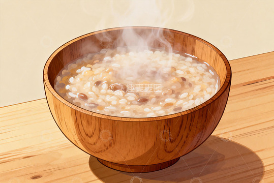 木质碗盛热气腾腾的杂粮粥