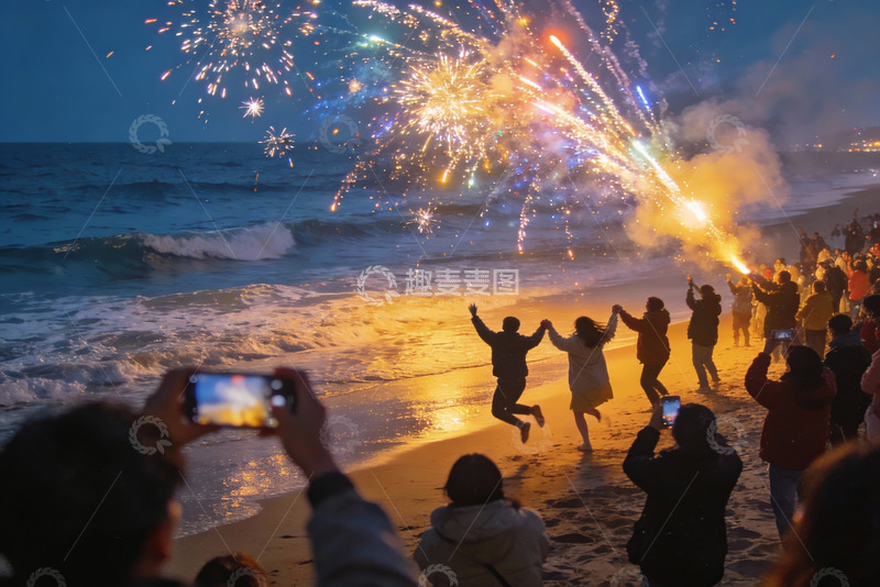 高清大图下载【趣麦麦图】海滩烟花夜众人欢庆