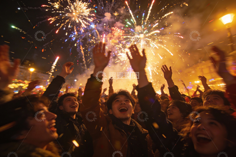高清大图下载【趣麦麦图】人群欢庆夜空烟花绽放
