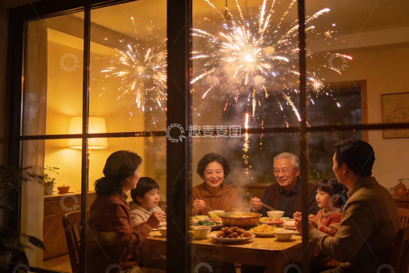 高清大图下载【趣麦麦图】家庭聚餐看烟花