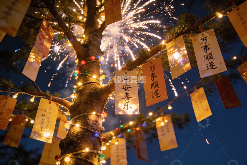 高清大图下载【趣麦麦图】烟花树挂祈福牌夜景