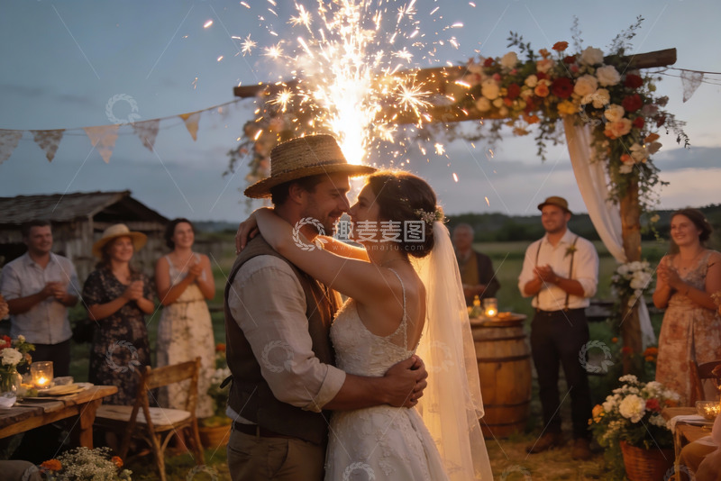 高清大图下载【趣麦麦图】户外婚礼烟花下新人拥吻