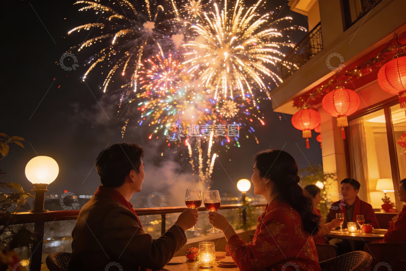 高清大图下载【趣麦麦图】情侣赏烟花举杯共庆夜景