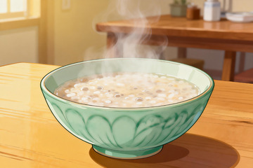 热气腾腾的米粥盛在青花瓷碗中