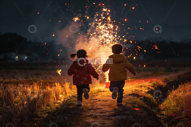 高清大图下载【趣麦麦图】夜跑孩童烟花绽放