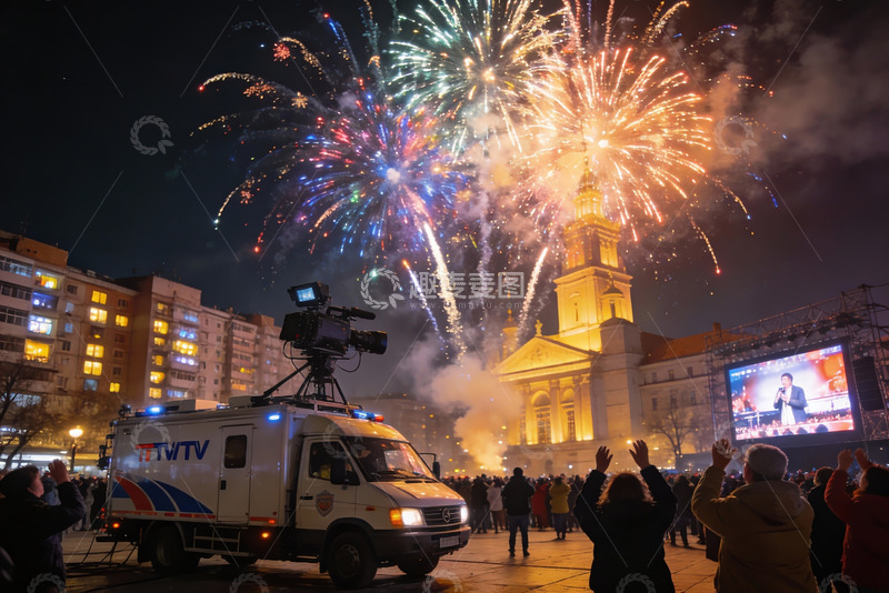 高清大图下载【趣麦麦图】夜空烟花绽放人群欢庆