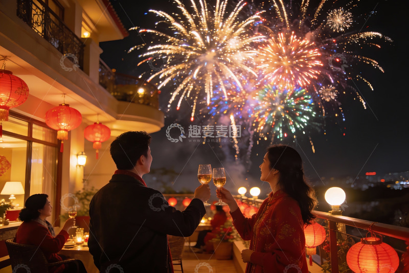 高清大图下载【趣麦麦图】情侣阳台赏烟花举杯庆祝