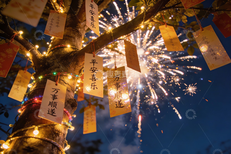 高清大图下载【趣麦麦图】烟花树挂祈福牌夜景