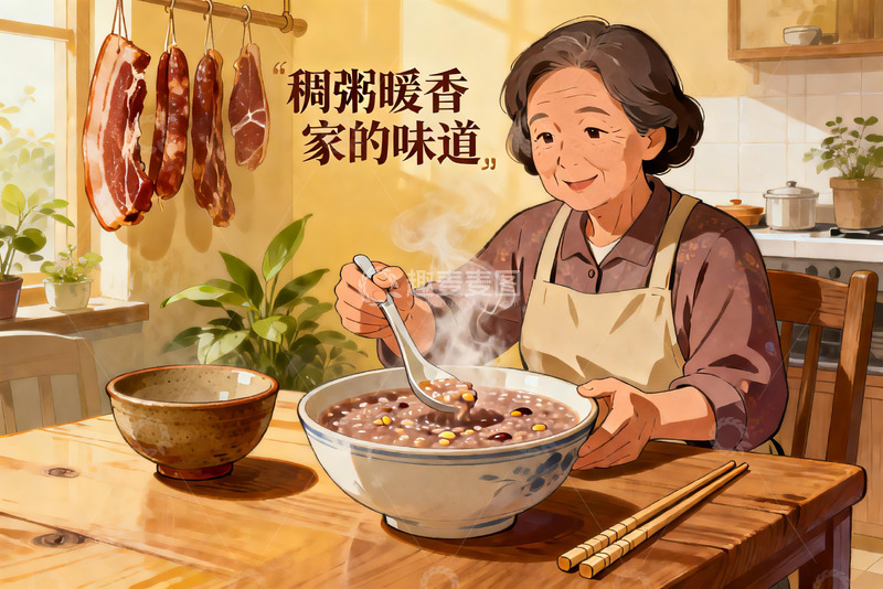 高清大图下载【趣麦麦图】厨房老人享用热粥温馨场景