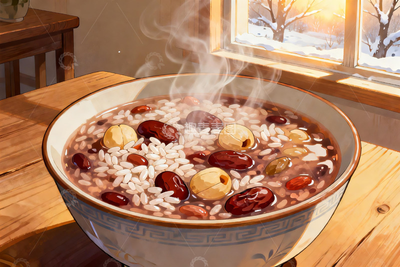 高清大图下载【趣麦麦图】热气腾腾的八宝粥窗外雪景
