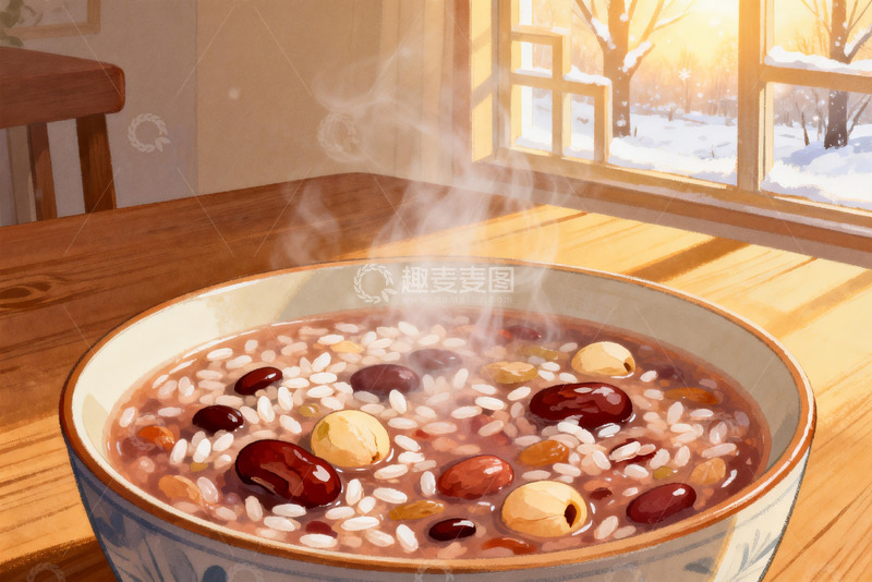 高清大图下载【趣麦麦图】热气腾腾的杂粮粥窗外雪景