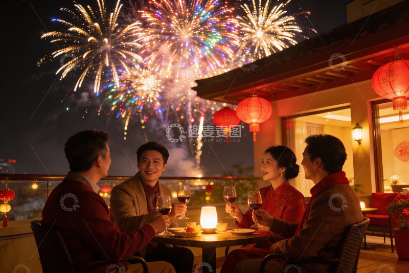 高清大图下载【趣麦麦图】夜景烟花下四人聚餐欢庆