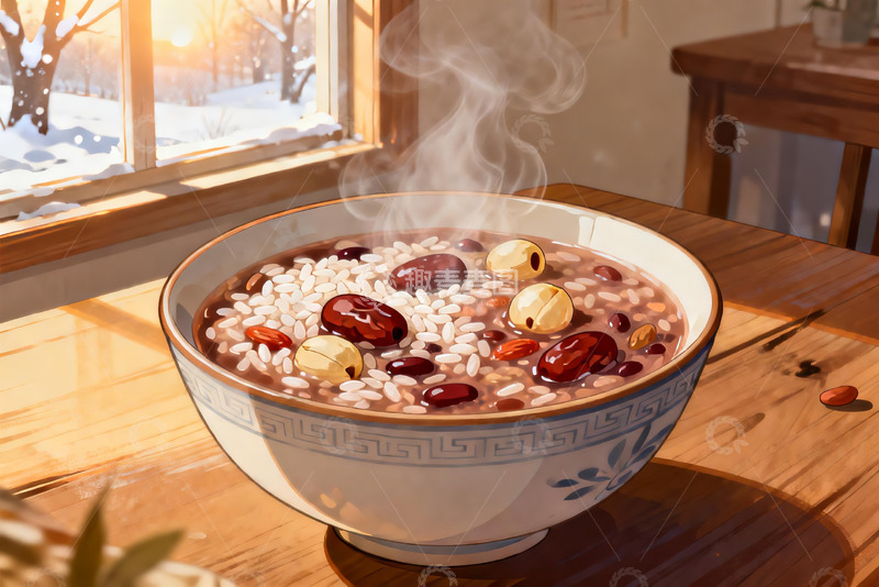 高清大图下载【趣麦麦图】热气腾腾的腊八粥窗外雪景