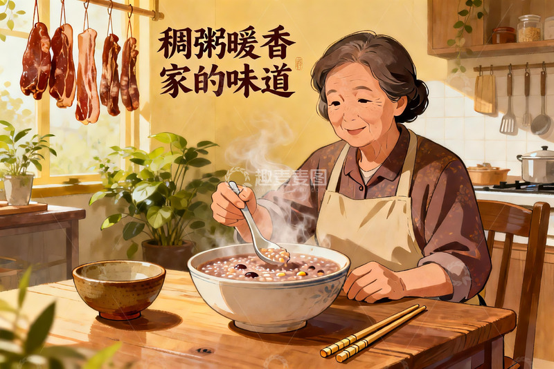 高清大图下载【趣麦麦图】奶奶煮粥暖香家的味道
