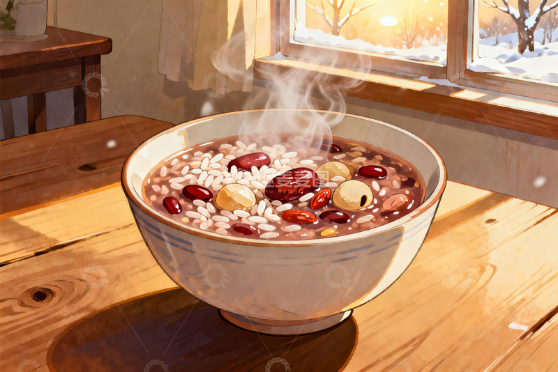 高清大图下载【趣麦麦图】冬日窗边热气腾腾的八宝粥