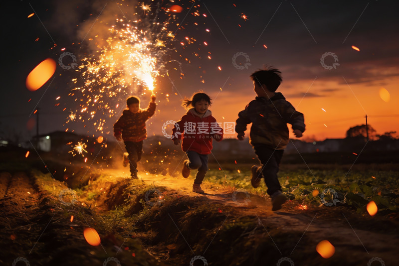 高清大图下载【趣麦麦图】儿童手持烟花奔跑夜景