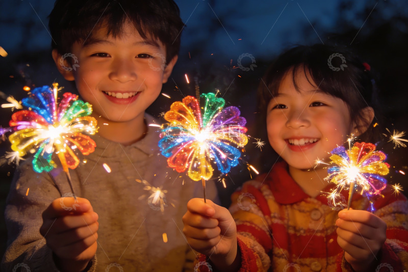 高清大图下载【趣麦麦图】儿童手持烟花夜景微笑
