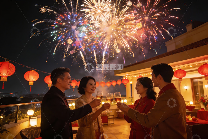 高清大图下载【趣麦麦图】夜景烟花下亲友举杯欢庆