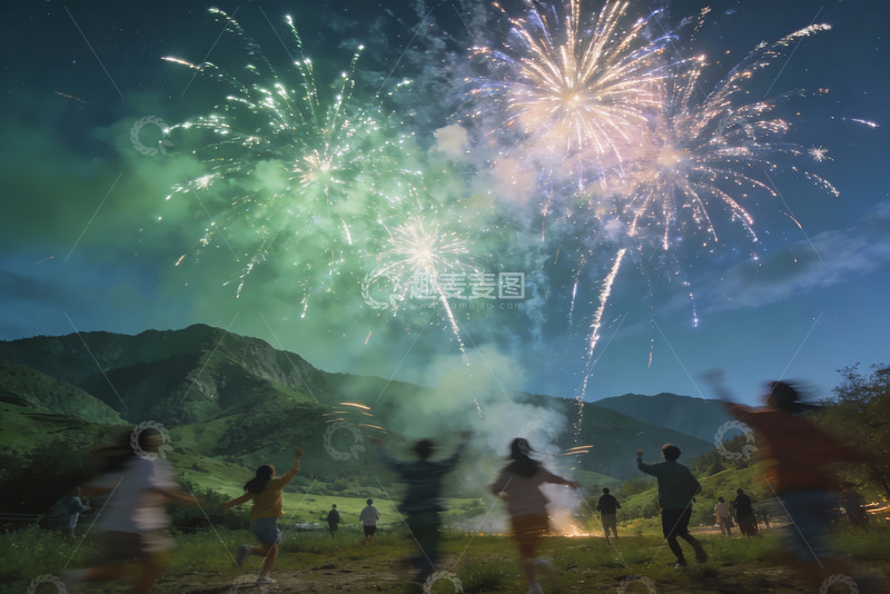 高清大图下载【趣麦麦图】夜空烟花绽放人群欢庆