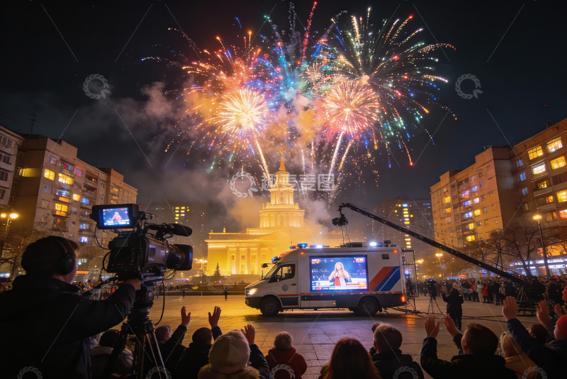 高清大图下载【趣麦麦图】夜空烟花绽放城市庆典现场