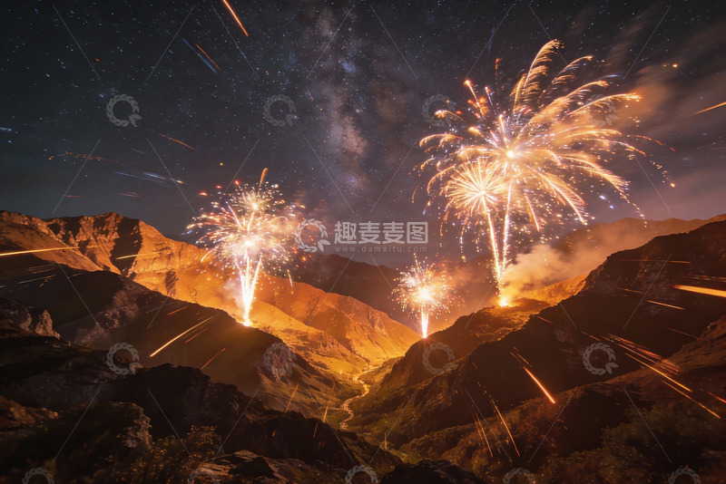 高清大图下载【趣麦麦图】夜空山峦烟花绽放璀璨夺目