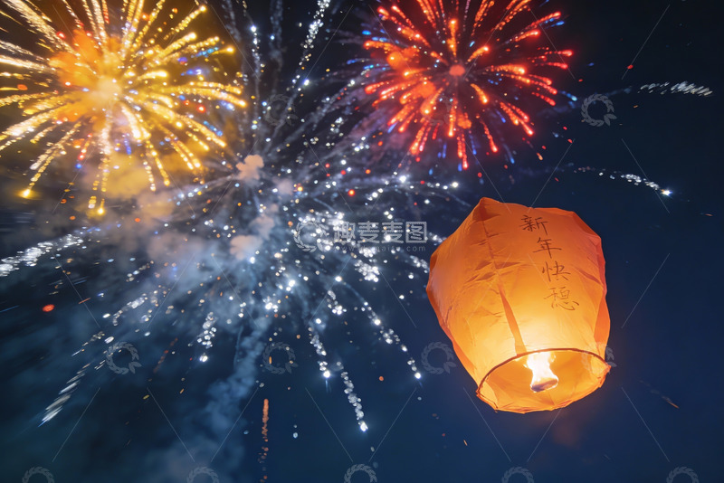 高清大图下载【趣麦麦图】夜空烟花孔明灯共庆新年