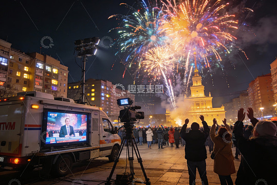 夜空烟花庆典人群欢呼