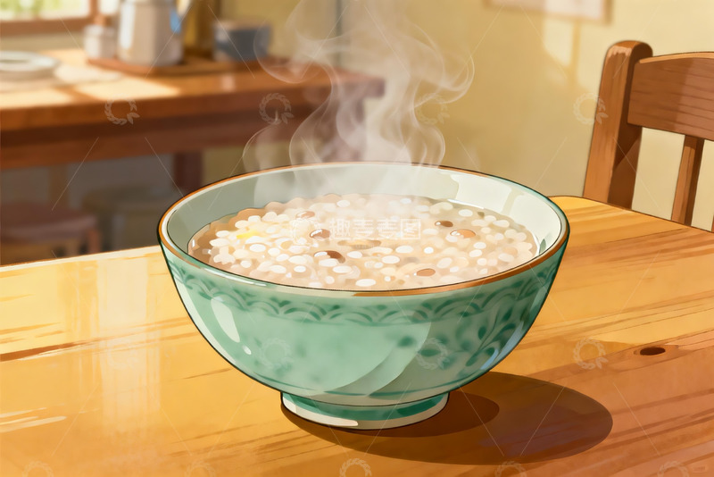 高清大图下载【趣麦麦图】热气腾腾的米粥盛在青花瓷碗中