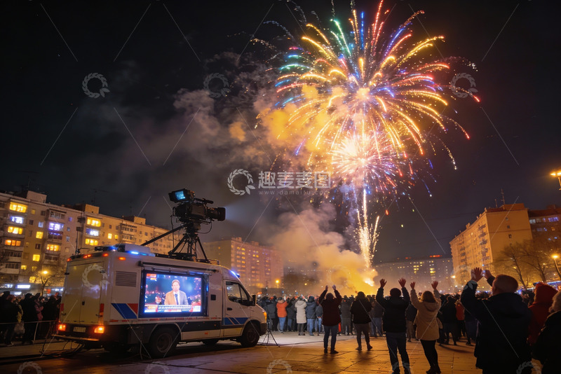 高清大图下载【趣麦麦图】夜空烟花绽放人群欢呼庆祝
