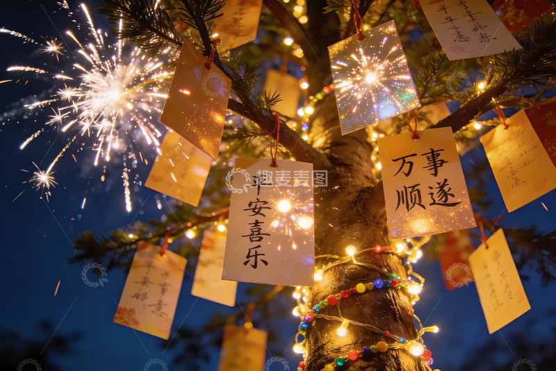 高清大图下载【趣麦麦图】烟花树挂满祈福牌夜景
