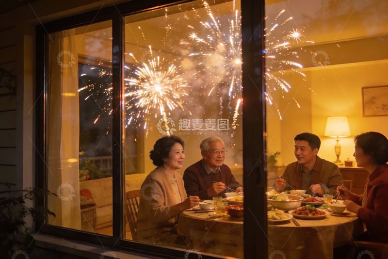 高清大图下载【趣麦麦图】家人聚餐烟花绽放温馨时刻