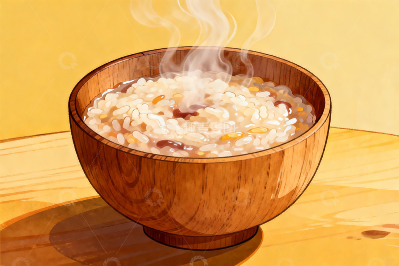 高清大图下载【趣麦麦图】热气腾腾的木碗粥