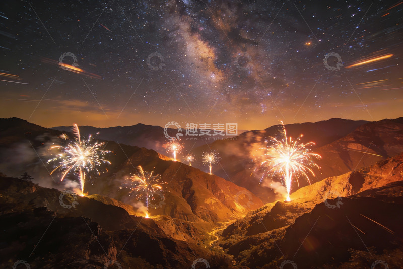 高清大图下载【趣麦麦图】夜空烟花映照山峦美景