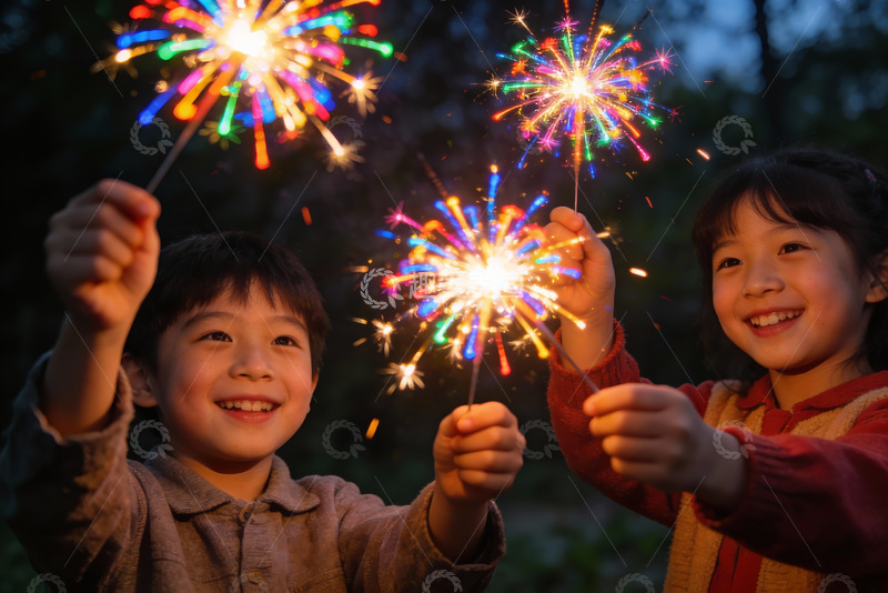 高清大图下载【趣麦麦图】儿童手持烟花绽放笑脸