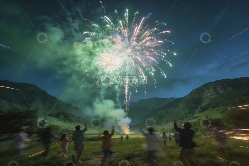 高清大图下载【趣麦麦图】夜空烟花绽放人群欢庆