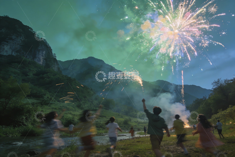高清大图下载【趣麦麦图】山间夜空烟花绽放人群欢庆