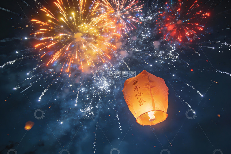 高清大图下载【趣麦麦图】夜空烟花与孔明灯共舞