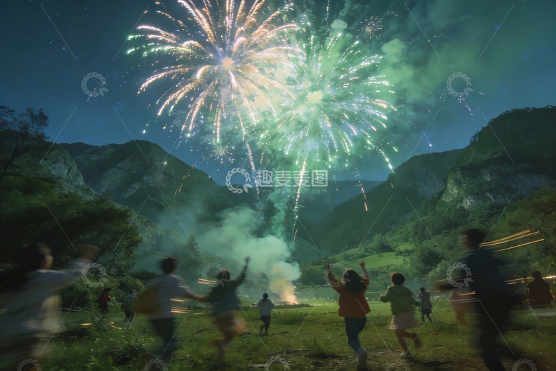 高清大图下载【趣麦麦图】夜空烟花山间欢庆