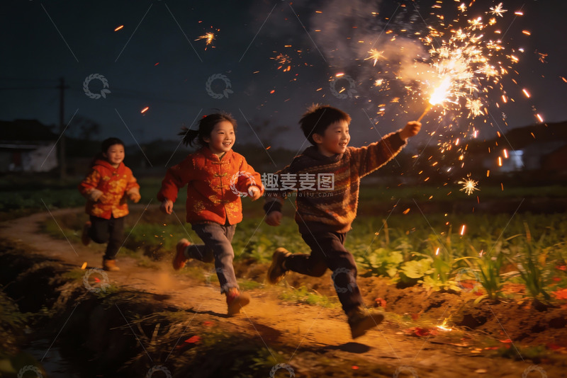 高清大图下载【趣麦麦图】夜跑儿童手持烟花欢庆