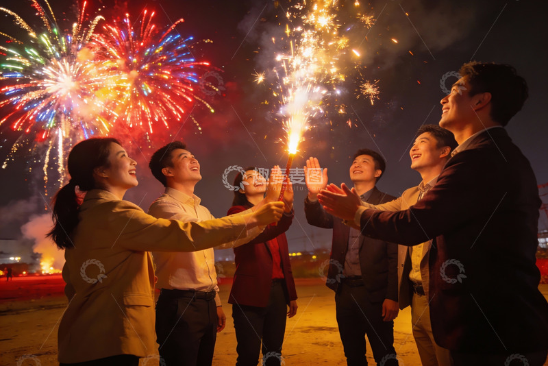 高清大图下载【趣麦麦图】夜空烟花下欢庆人群