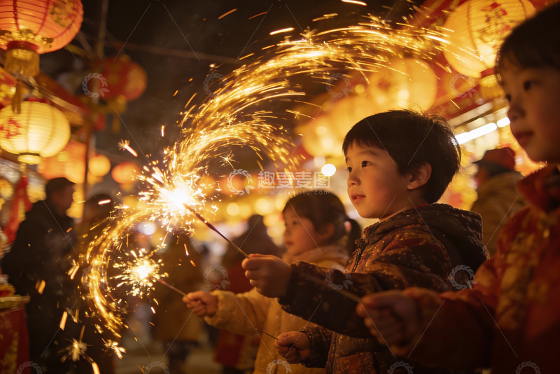 高清大图下载【趣麦麦图】儿童手持烟花夜景