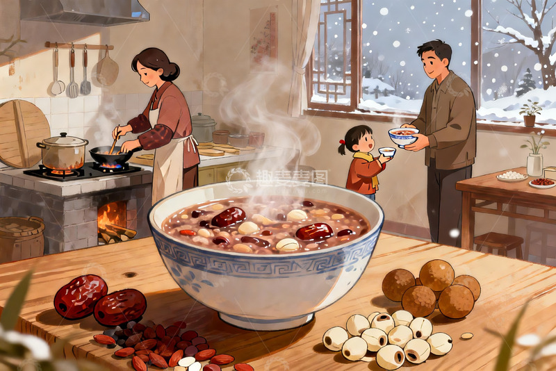 高清大图下载【趣麦麦图】冬日家庭煮粥温馨场景