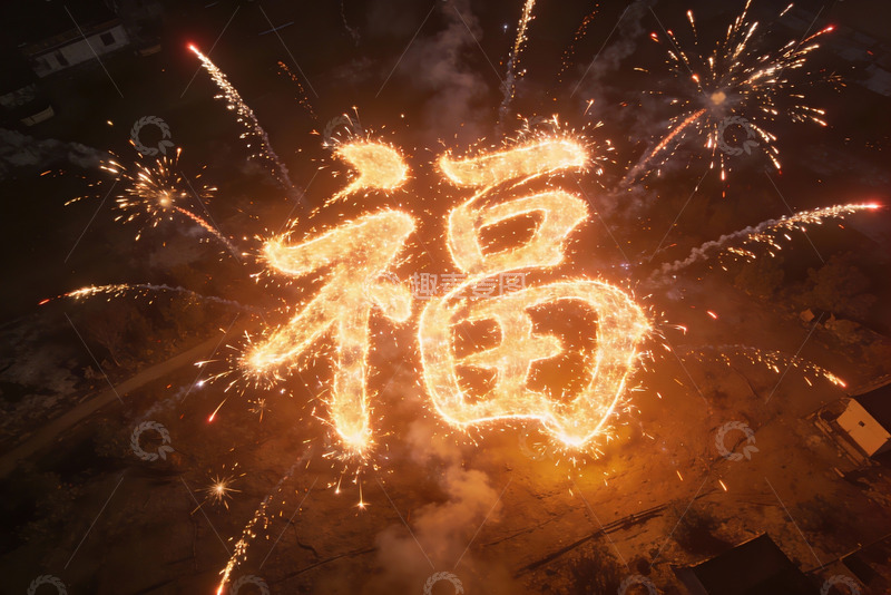 高清大图下载【趣麦麦图】烟花绽放福字夜景