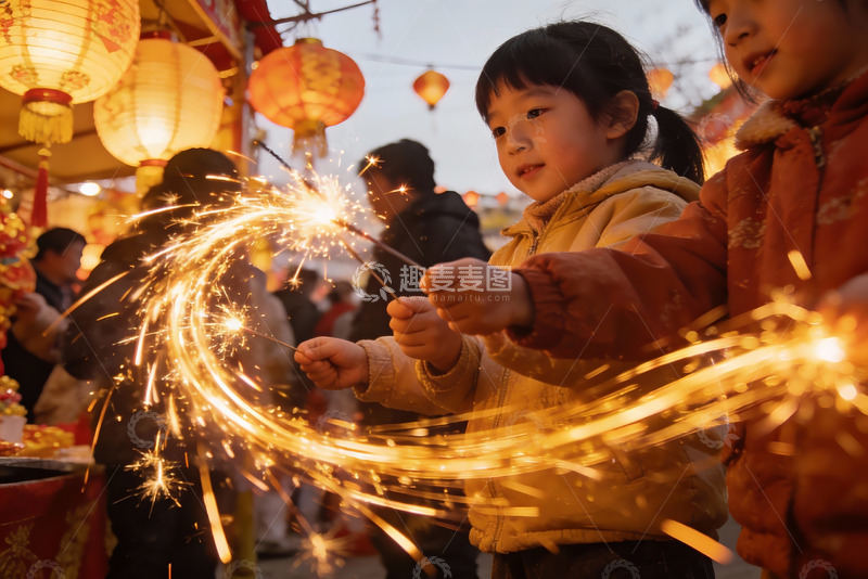 高清大图下载【趣麦麦图】儿童手持烟花庆祝节日