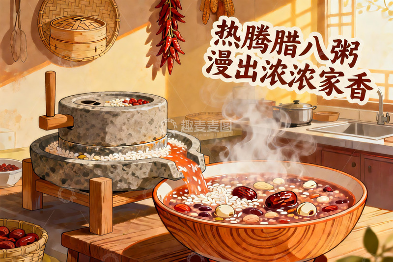 高清大图下载【趣麦麦图】厨房石磨熬制腊八粥