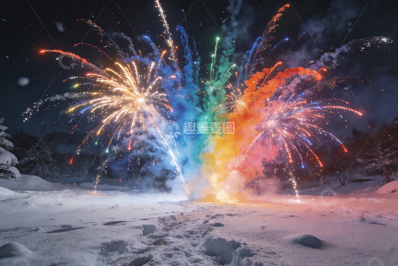 高清大图下载【趣麦麦图】雪地夜空烟花绽放绚丽多彩