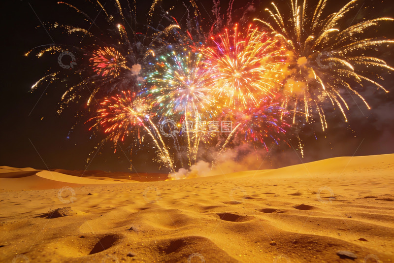 高清大图下载【趣麦麦图】沙漠夜空烟花绽放