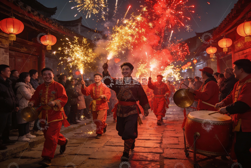 高清大图下载【趣麦麦图】夜街烟花表演热闹非凡